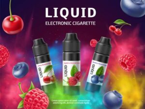 Vape liquid poster. Colorful flavor explosion, realistic bottles with different fruit liquids tastes for vaporizer, blueberry cherry raspberry flavors, marketing promo banner utter vector concept